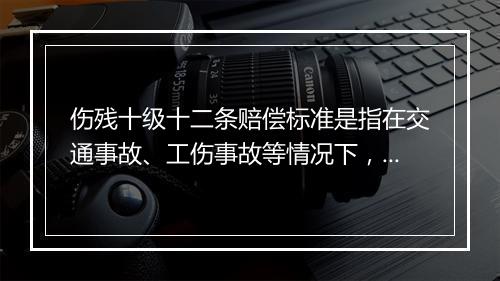 伤残十级十二条赔偿标准是指在交通事故、工伤事故等情况下，伤残十级的受害人可以获得的赔偿项目和标准。这些赔偿标准是根据中华人民共和国民法典、最高人民法院关于审理人