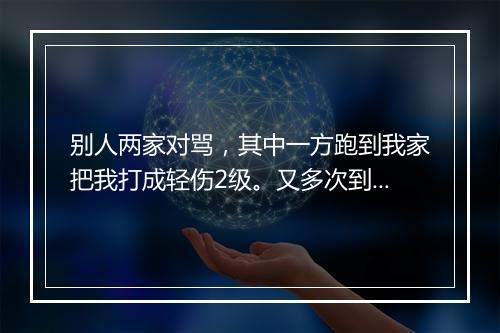 别人两家对骂，其中一方跑到我家把我打成轻伤2级。又多次到我家谩骂恐吓。该负什么法律责任！